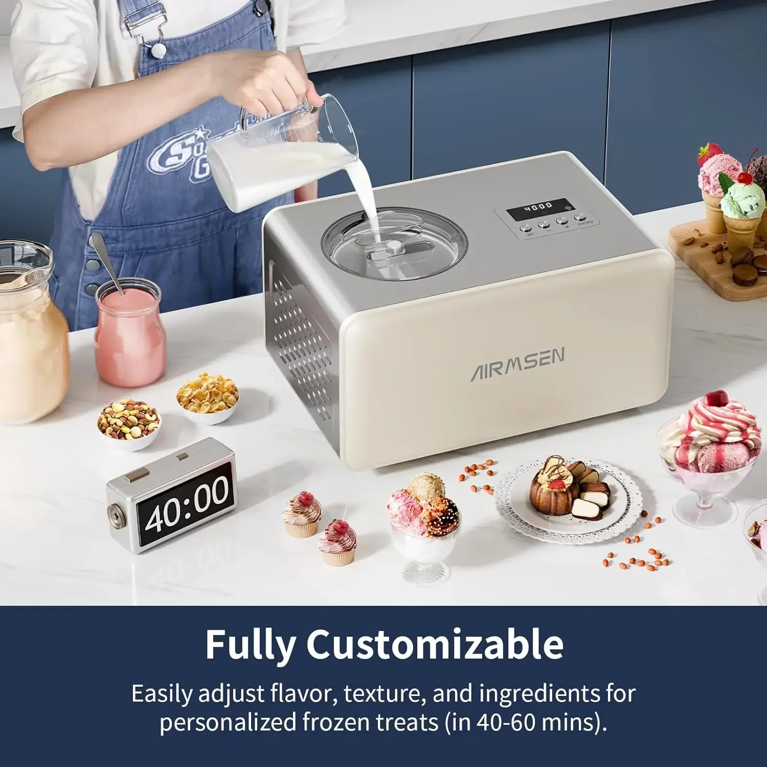 Ice Cream Maker Machine with Built-in Compressor, No Pre-Freezing Required, Fully Automatic Frozen Treats Make