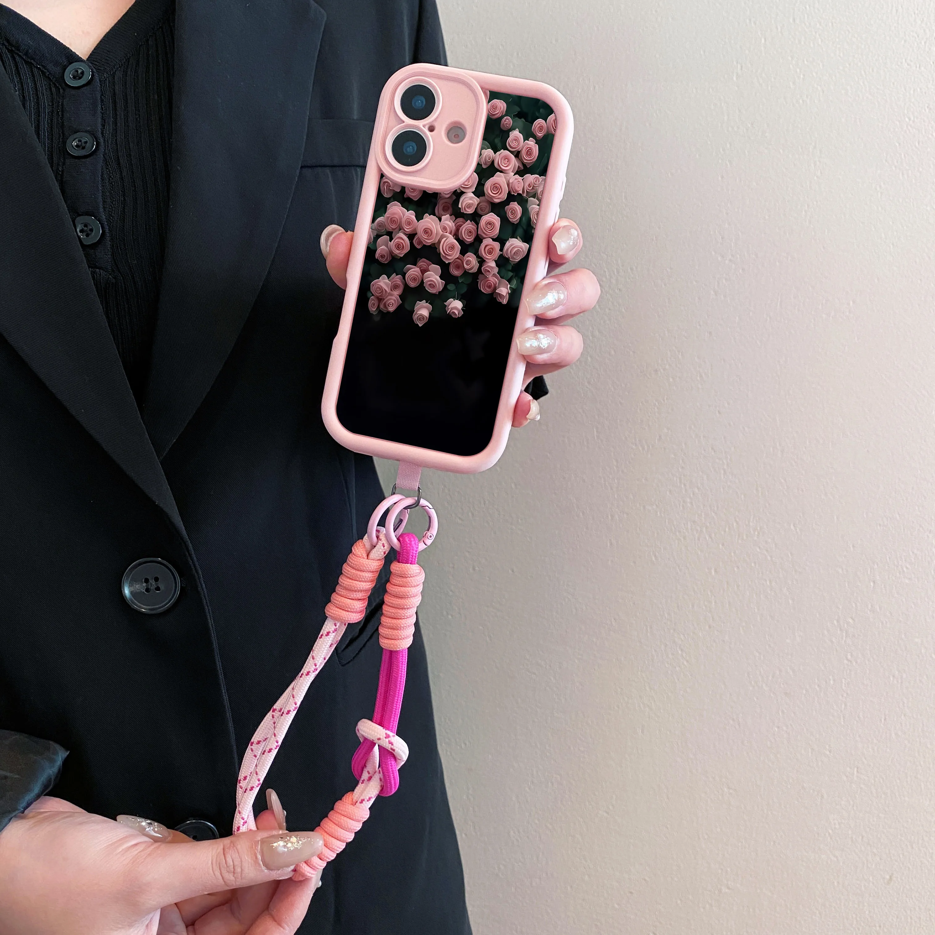 2025 rosa rosecrossbody cordão corda longa caso para iphone 16 15 14 13 12 11 17 pro max xs max xr 7 8 plus corrente de pulso capa do telefone