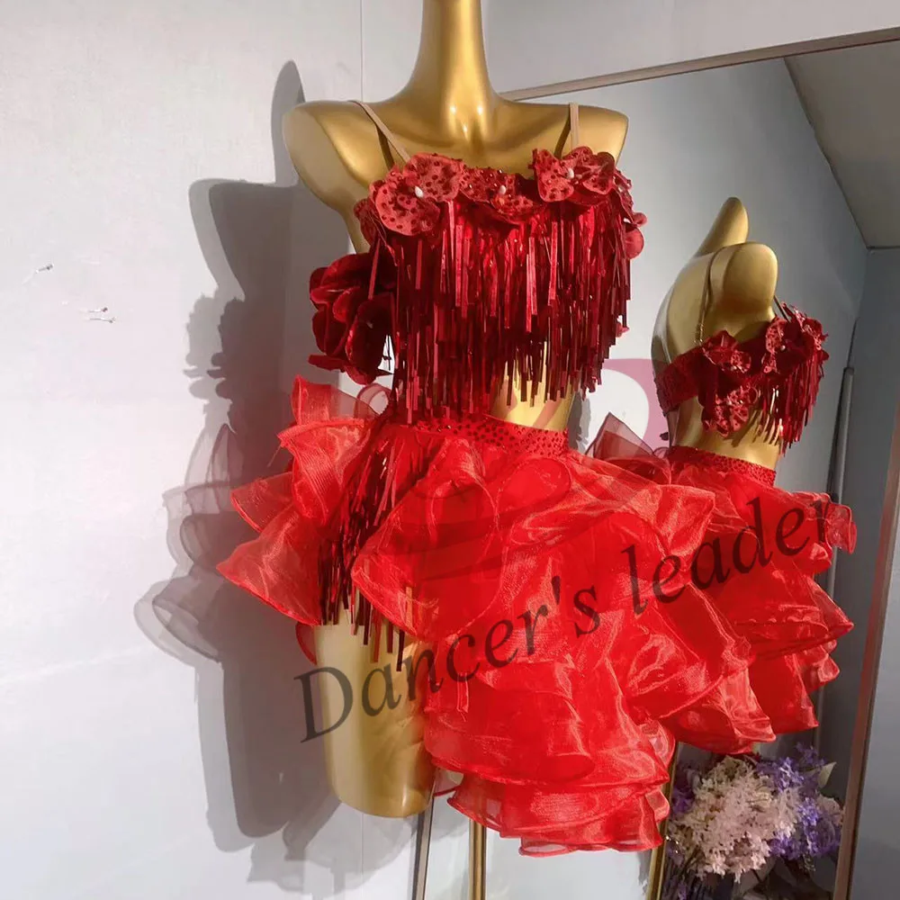 

Платье для латинских танцев, высококачественное красное платье с волнистым хвостом и кисточками, чача-танго, женская сценическая профессиональная одежда для взрослых