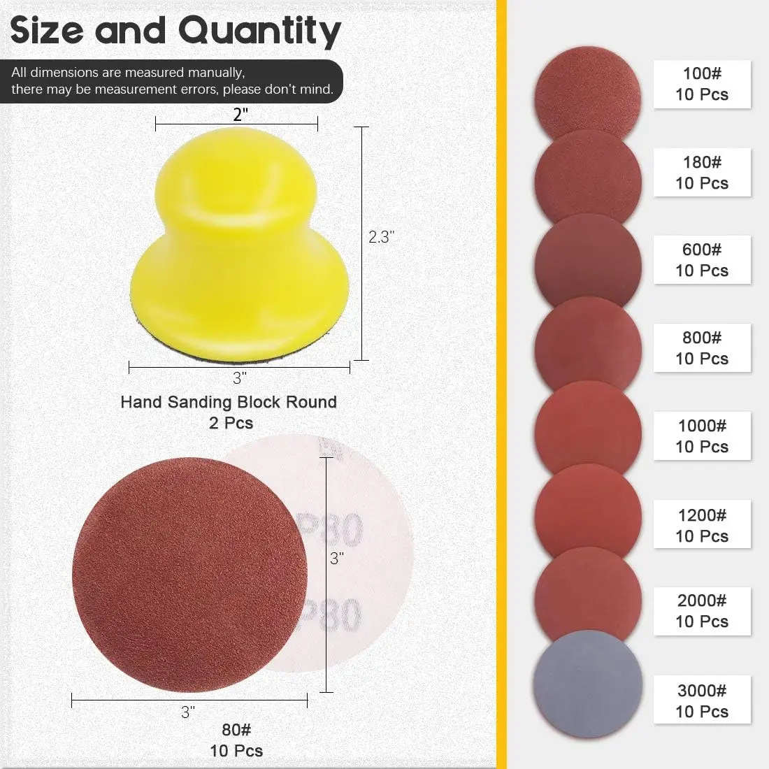 3 Inch Hook and Loop Hand Sanding Block 92Pcs WithRound Sanding Pad Hook Backing Plate with 90Pcs Hook and Loop Sanding Disc Set