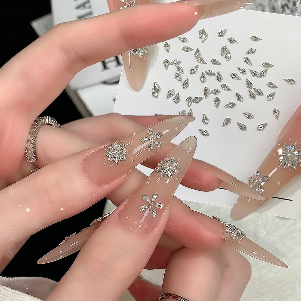 50Pcs 2x4mm Shiny Rhombic Zircon Nail Art Rhinestones 3D Star Snowflake Crown Design Gemstone Nail Charms Flatback Nails Diamond