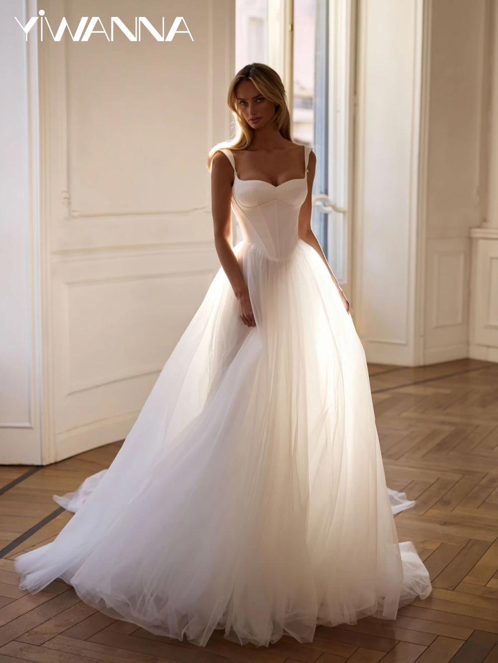 

Elegant Dreamy Tulle A-line Long Wedding Dress Romanntic Sweetheart Neck Bridal Gown Customized Tank Sleeve Dresses For Bride