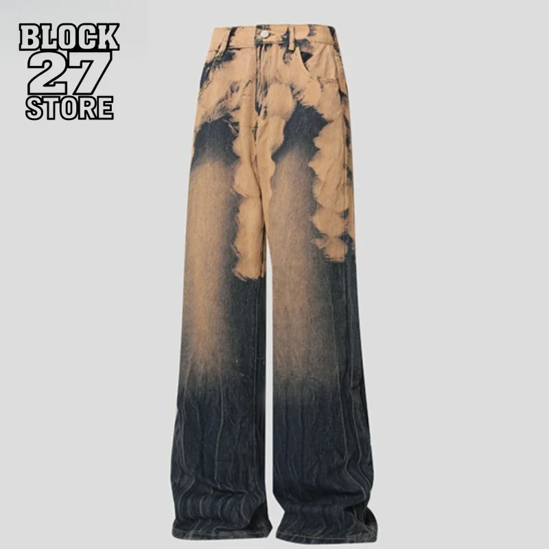 Calças Jeans Masculinas com Estampa Tie Dye em Gradiente, Denim Lavado, Estilo Harajuku Unissex, Corte Solto, Perna Reta, Moda Streetwear, Tendência Nova