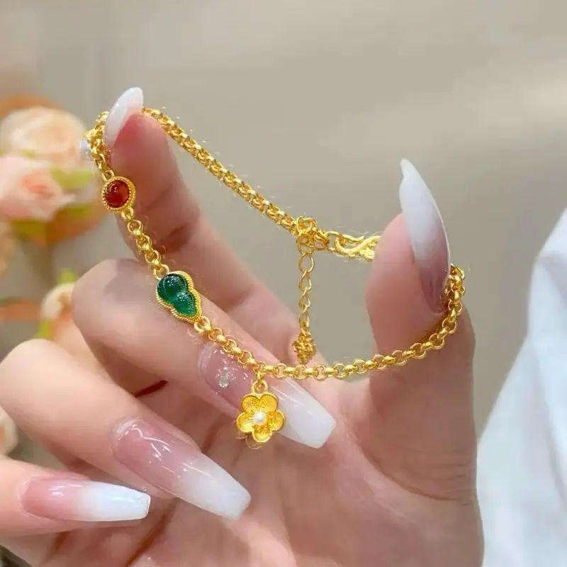 

999 24K real gold Ancient yellow gold Gourd bracelet Floret emerald green bracelet women's temperament hand jewelry gift