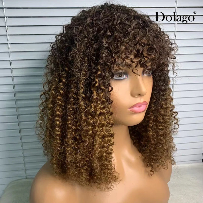 Pixie Cut Human Hair Wigs Short Bob Kinky Curly Wigs For Women Brazilian Virgin Hair Black Bangs 4/40 Ombre No Lace Wig Dolago