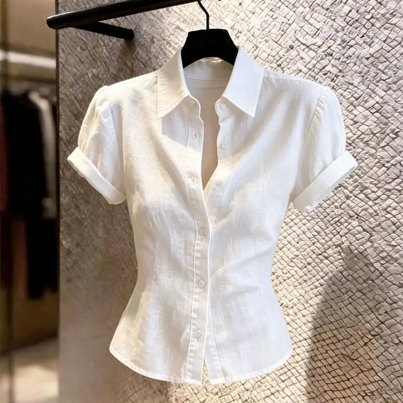 Casual Style Slim Fit Shirt Women's Button up Short Sleeve Turn-down Collar Summer New Style Thinming Personality Leisure Shirt