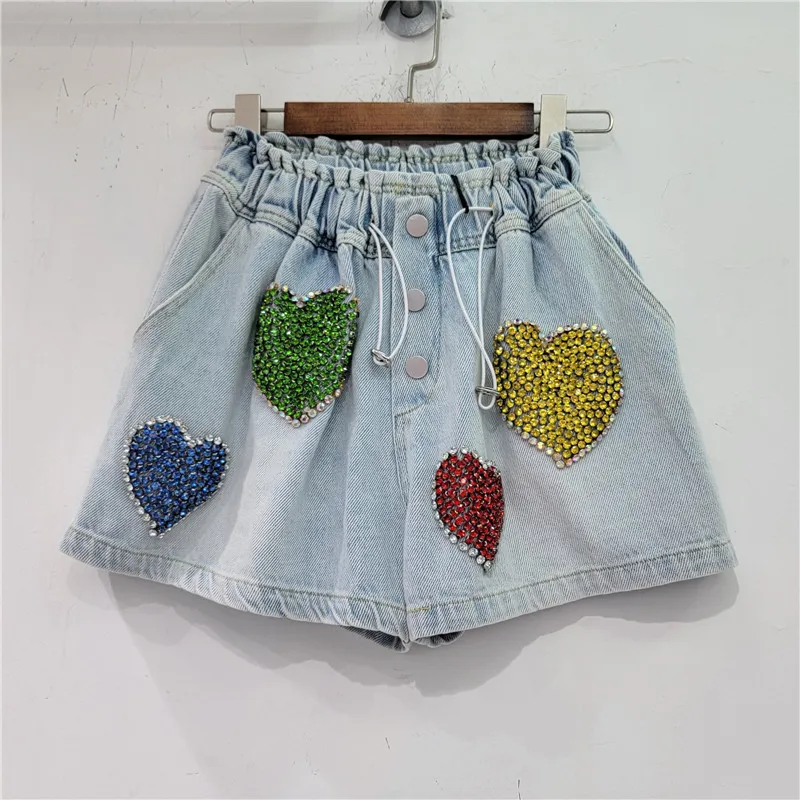 

European Station 2023 Summer New Short Pants Exquisite Rhinestone Beaded High Waist Slimming Jeans Wide-Leg Denim Shorts Women