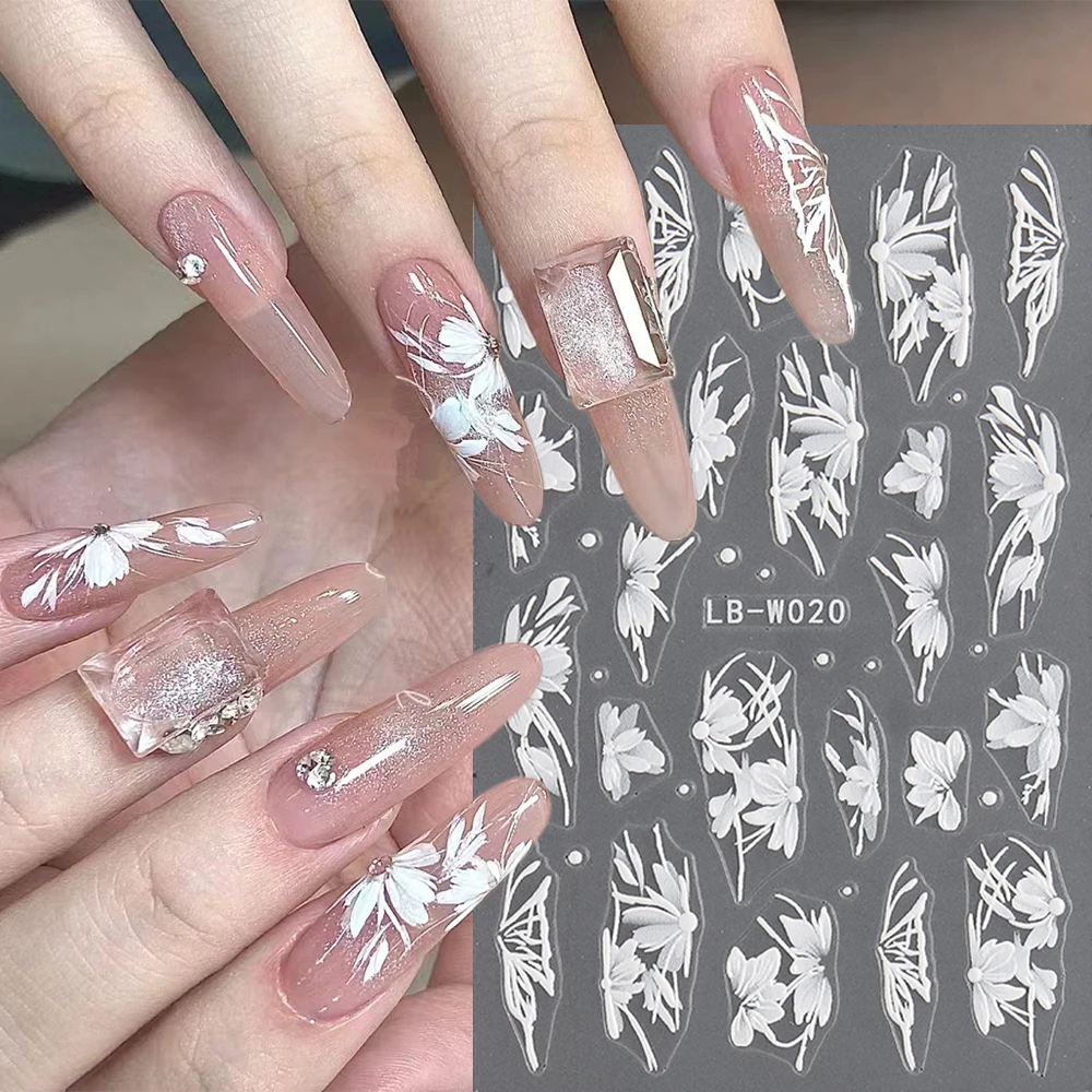 5D Embossed White Flowers Nail Stickers Wedding Bride Nail Design Lace Rose Butterflies Nail Decals Elegant Manicure Deco LB-W19