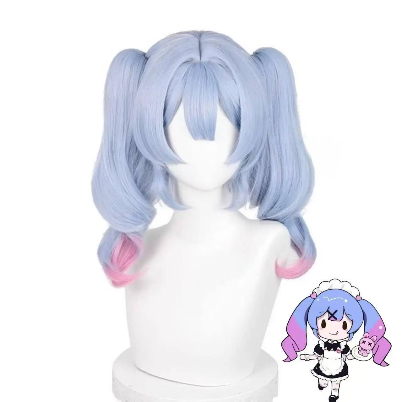 قطعة واحدة من شعر مستعار مجعد ذيل حصان مزدوج متدرج باللون الأزرق والوردي هاتسون ميكو بفتحة أرنب أنيمي #1