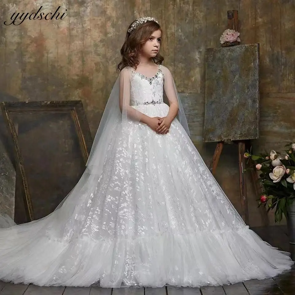 Vestidos blancos de encaje de lujo para niña, vestidos de flores para bodas, sin mangas para fiesta de cumpleaños de noche, vestidos de primera comunión 2023