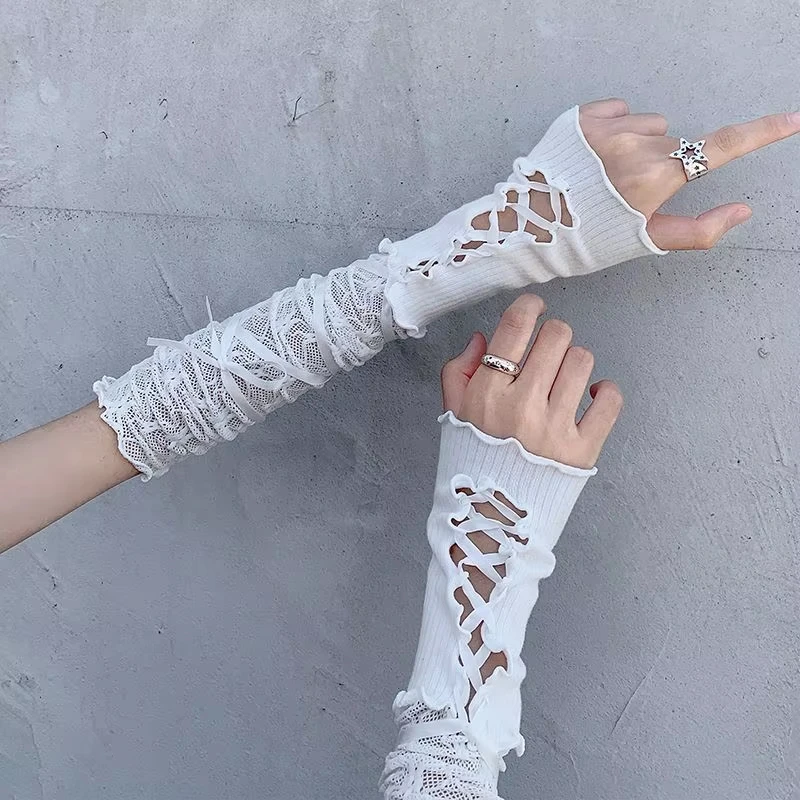 ผู้หญิงคอสเพลย์ Punk Gothic DIY สายรัด Lolita Jk ลูกไม้ Fingerless ถุงมือครีมกันแดดเสื้อผ้าอุปกรณ์เสริมตาข่ายยืดหยุ่น