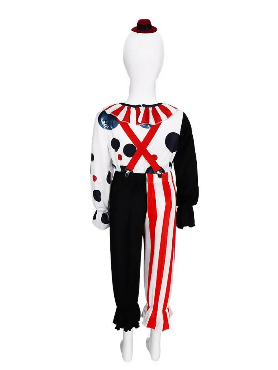 زي الهالوين الجديد المأساوي للمهرج، ملابس لعب لمرحلة الأداء، مادة البوليستر، تصميم ملون بالدم