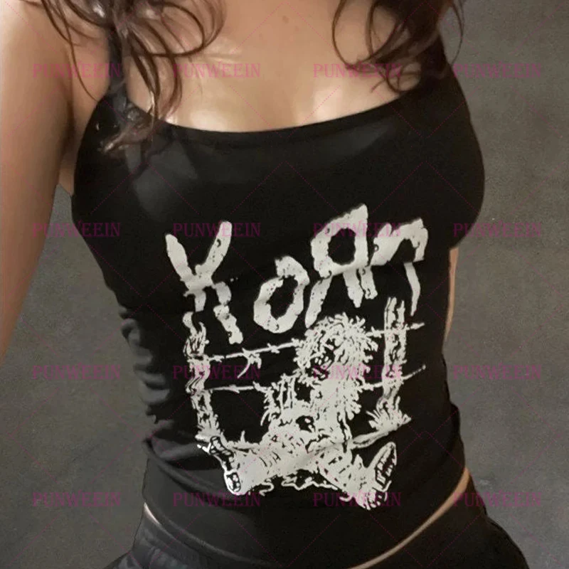 Vintage Harajuku Punk letter Graphic Y2k Aesthetics Sleeveless Tank Top KORN Goth Grunge Crop Tops Rock Print Baby Tank Emo girl