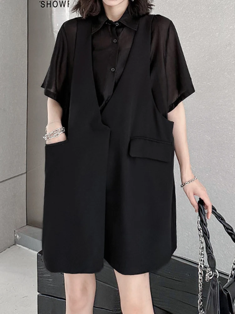 [EAM] Women Black Pocket Perspective Big Size Mini Shirt Dress New Lapel Half Sleeve Fashion Tide Spring Autumn 2024 1DH5144