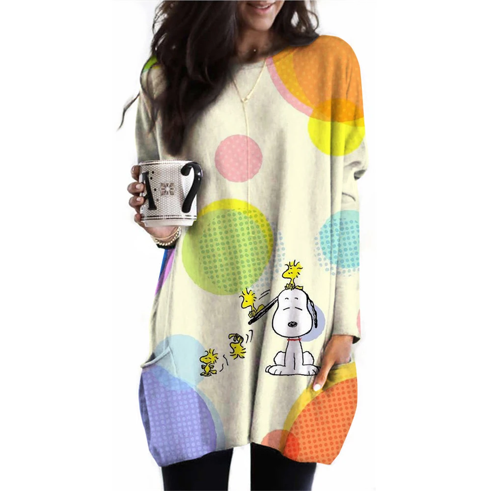 2024 Autumn Women's Fashion Women's Top Snoopy Printed Pocket T-shirt Loose Casual Round Neck Long Sleeve T-shirt