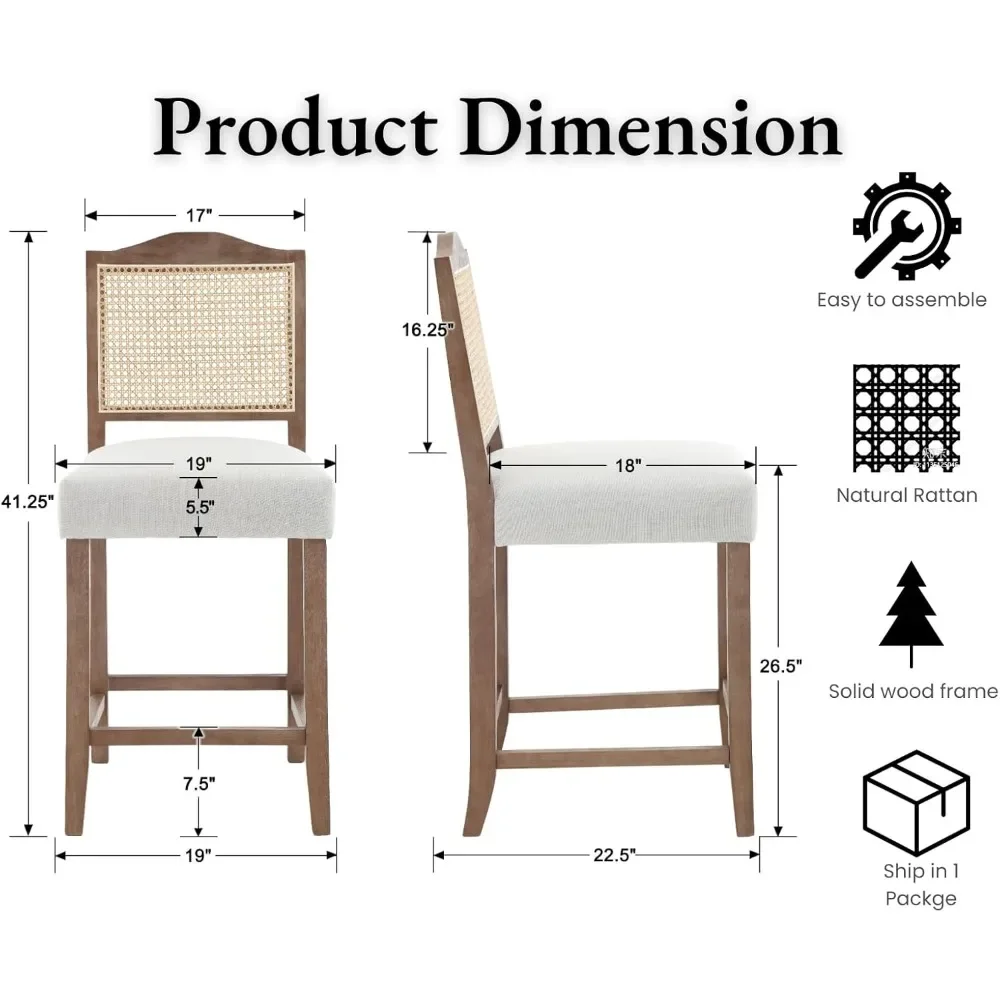 مجموعة من 2 كراسي بار ذات ارتفاع مضاد على طراز المزرعة وظهر من الخيزران كراسي بار منجدة مريحة بتصميم خشبي في منتصف القرن