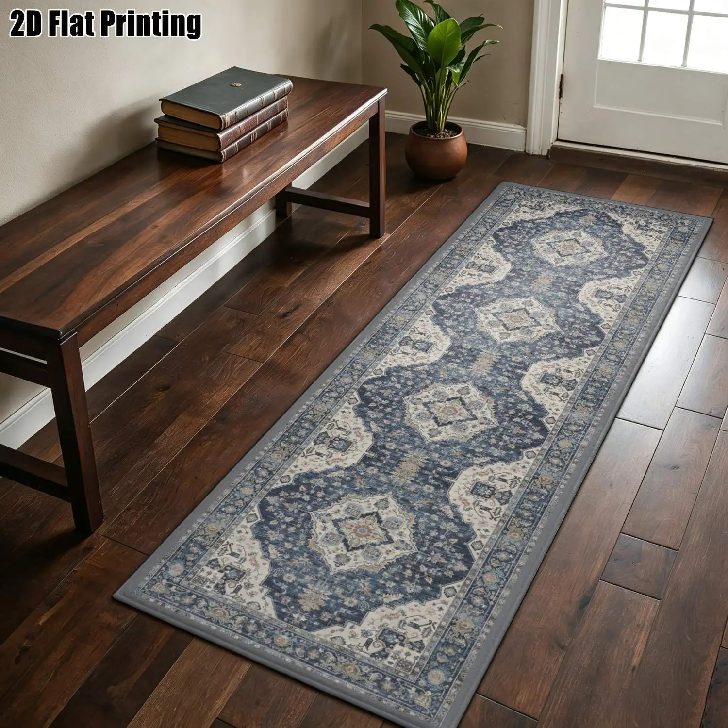 1Pc 2D Printed Long Strip Rug: Blue-Grey Geometric Diamond, Nordic/Modern Minimalist/European Style, Machine Washable, Multi-Size, Home Decor, Ideal for Entryway, Hallway, Living Room, Bedroom