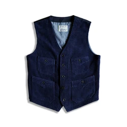 Men's Indigo Dyed V-neck Corduroy Work Vest Classic Style