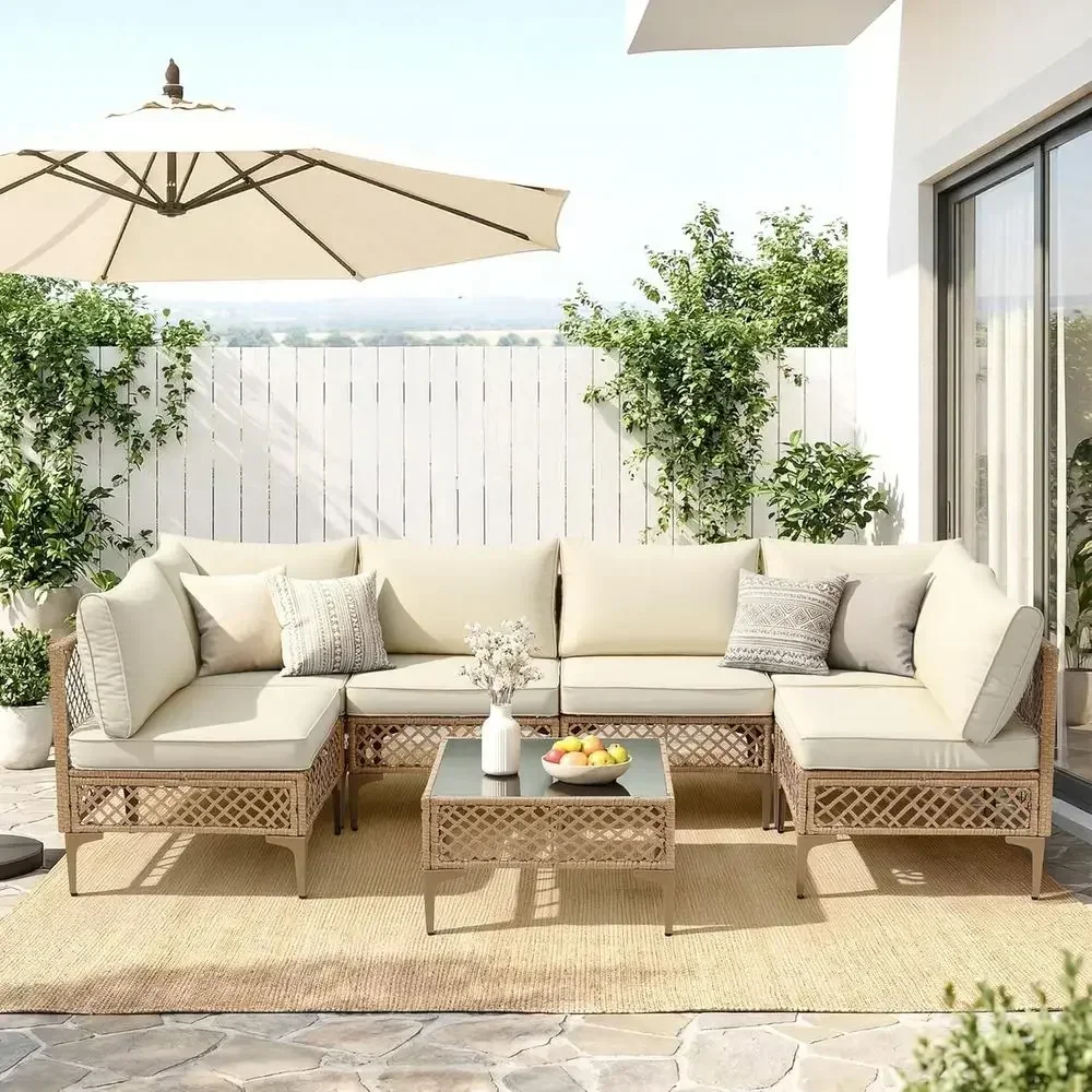 7-Piece Outdoor Wicker Sectional Patio Furniture Set with Cushions and Glass Coffee Table - Suitable for Backyard, Poolside, Por