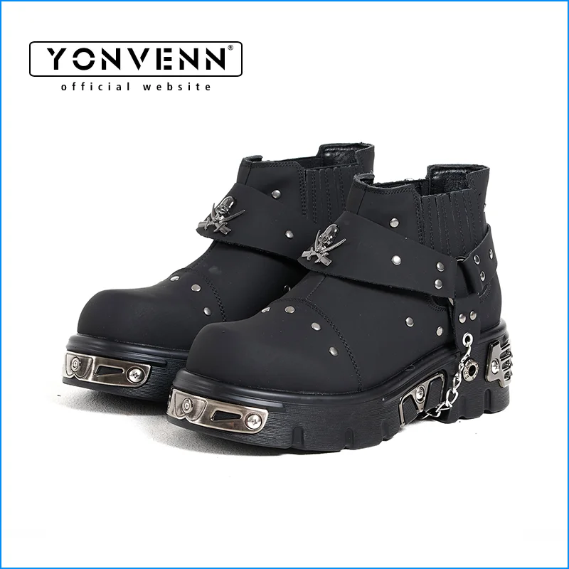 

Короткие кожаные ботинки Black Knight, мужские металлические украшения, толстая подошва в стиле панк, модный уличный стиль «Челси»