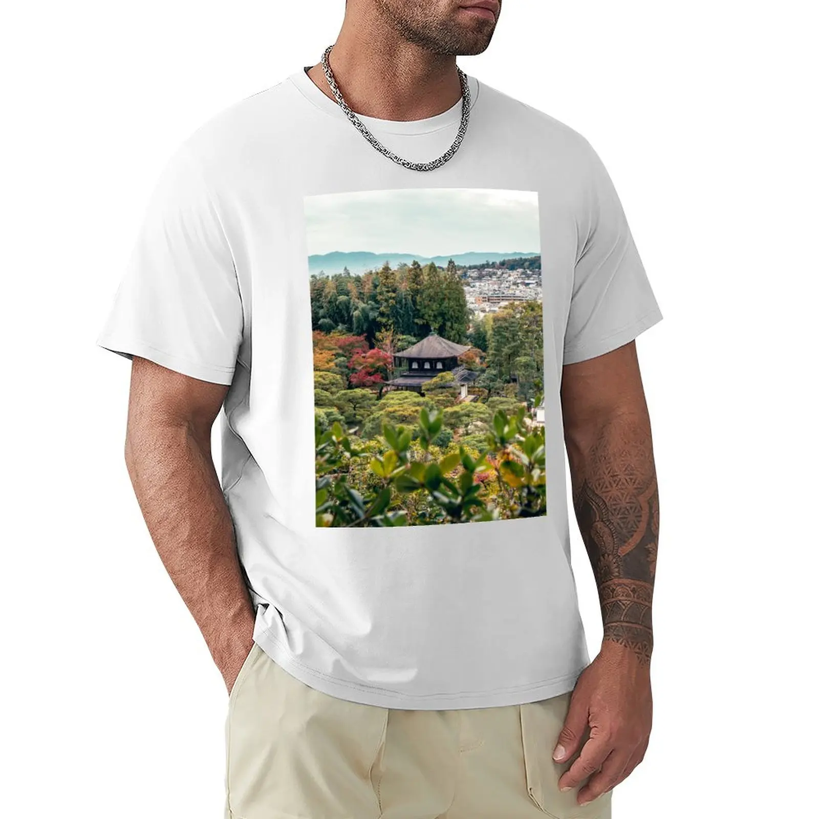 Portrait of Japanese Temple Among Autumn Forest with City and Mountains T-Shirt sports fans kawaii clothes men graphic t shirts