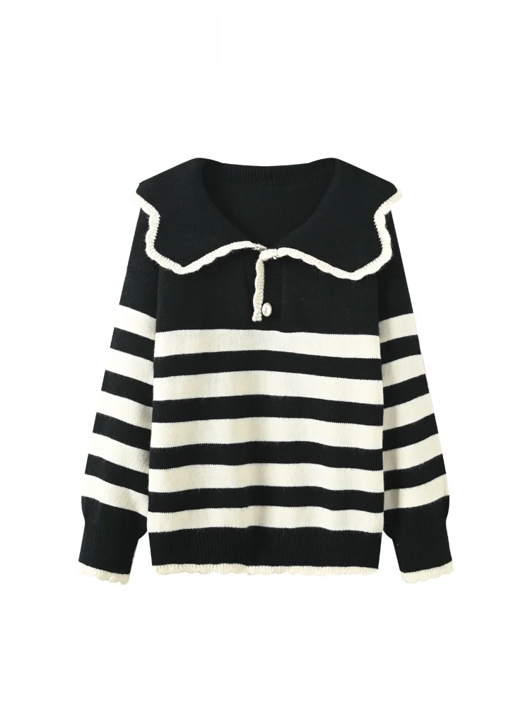 

plus Size Knitwear Long Sve Doll Collar Striped Slimming Design Casual Sle Women's Sweater Spring Season Casual Faion