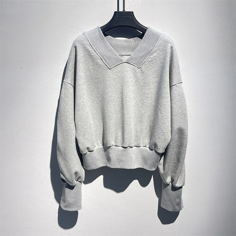 Women Pullover Sweatshirts Coats Solid Jackets Lantern Sleeves V Neck Loose Fit Slight Strech Office Lady Casual 2025 Autumn
