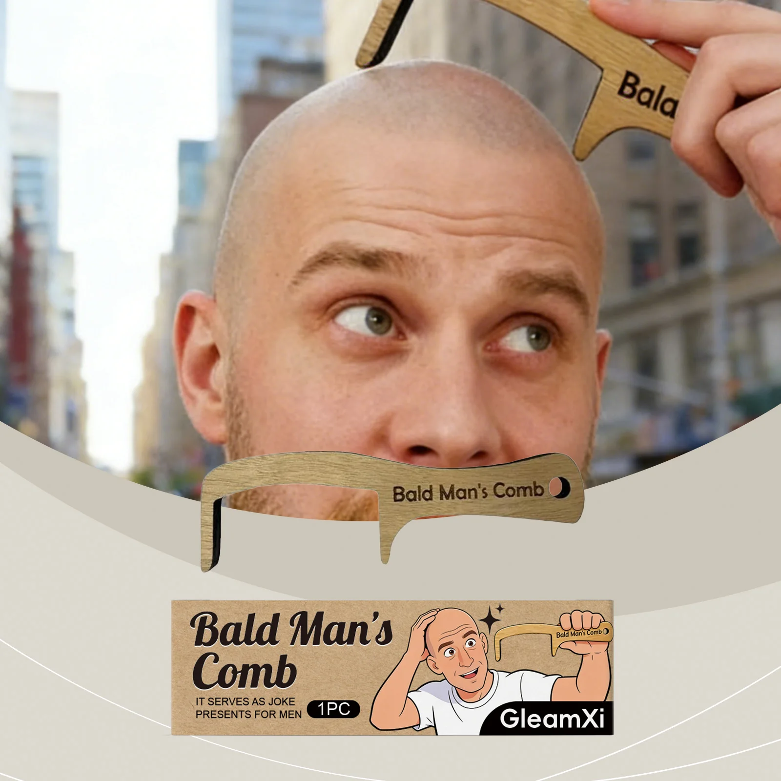 Bald Head Funny Comb - Daily Men's Novelty Gag Gift Handcrafted Wooden Scalp Massage Non-Slip Grip Comb