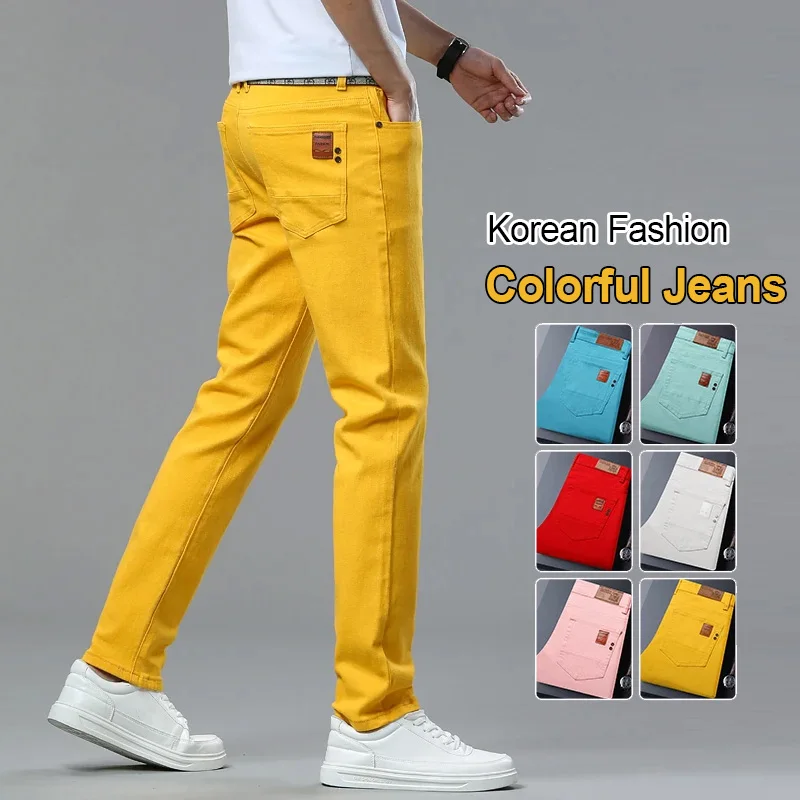 Koreanische Mode für Herren, bunte elastische Jeans, atmungsaktiv, gerade geschnitten, einfarbig, Denim-Hose, lässige Mode, Herrenhose