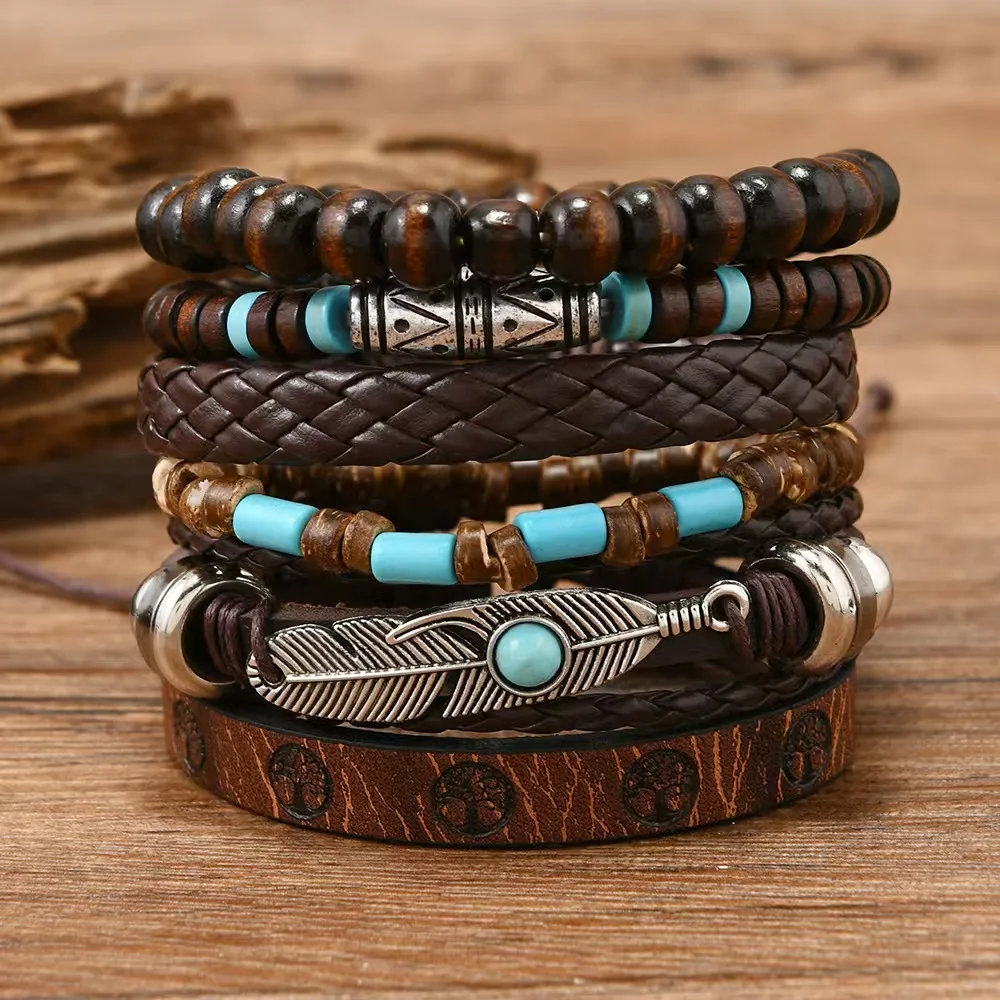 Vintage Feather Casual 6 Pc/set Tree Handmade Men Bracelets Male Women Leather Bracelets Men Bangle Wholesale Jewelry Gift