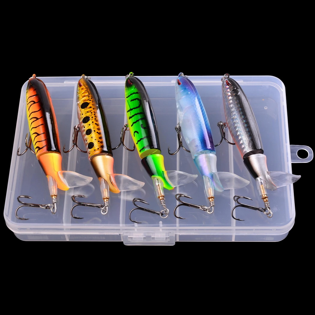 5pcs/Box Soft Rotating Tail Fishing Lures 10cm Floating Popper Fishing Lure Set Artificial Hard Bait Lure Fishing Tackle Box