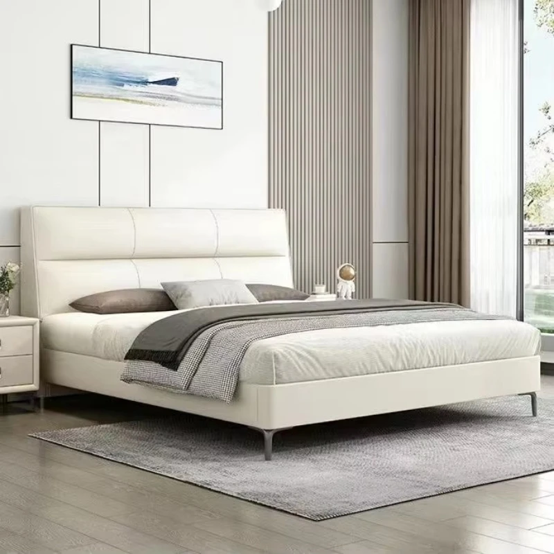 Italian Modern Deluxe King Bed Wood Frame Cat-proof Leather with Bedside Table Mattress Bedroom Furniture Set