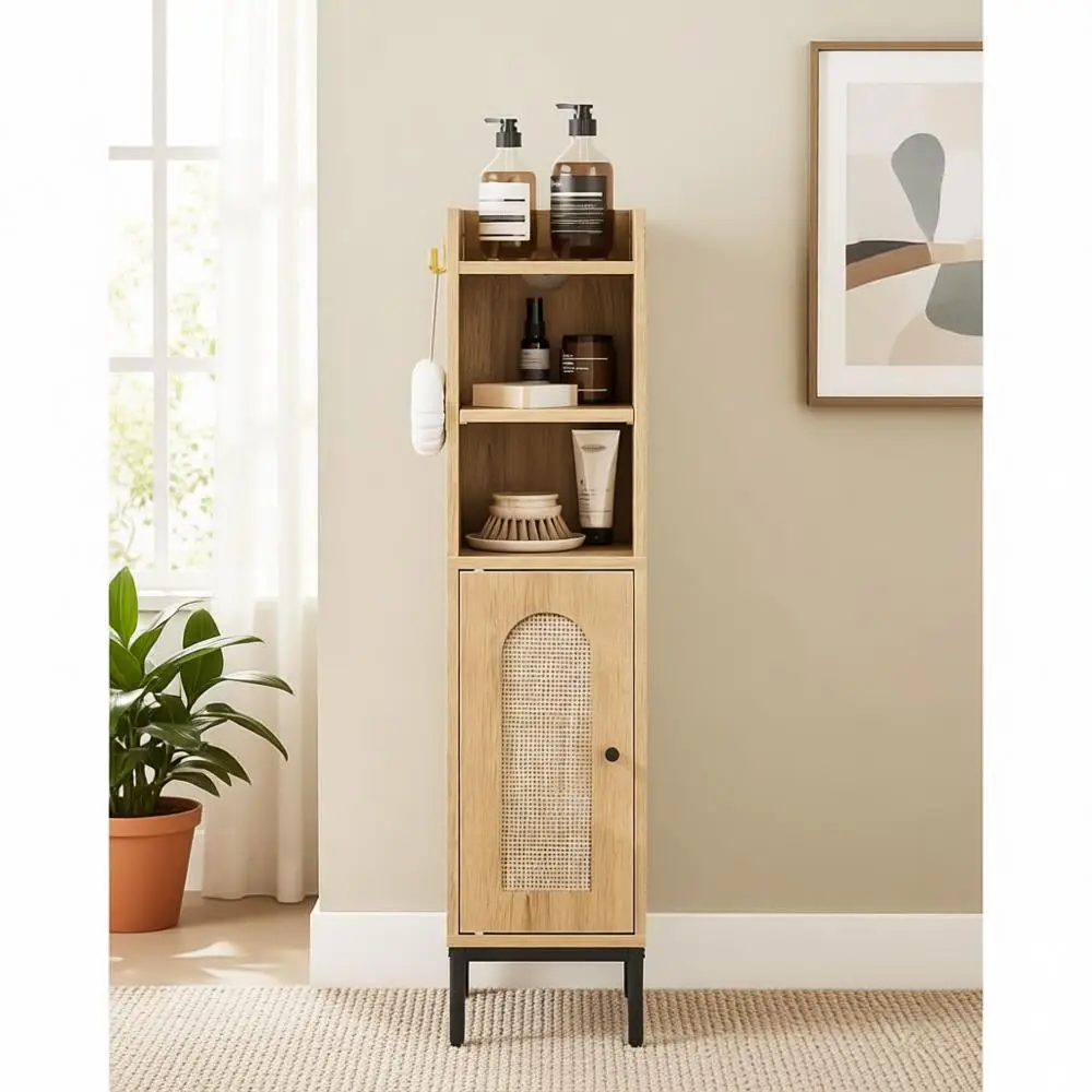 

Компактный дубовый шкаф для хранения в ванной комнате с крючками и регулируемыми полками