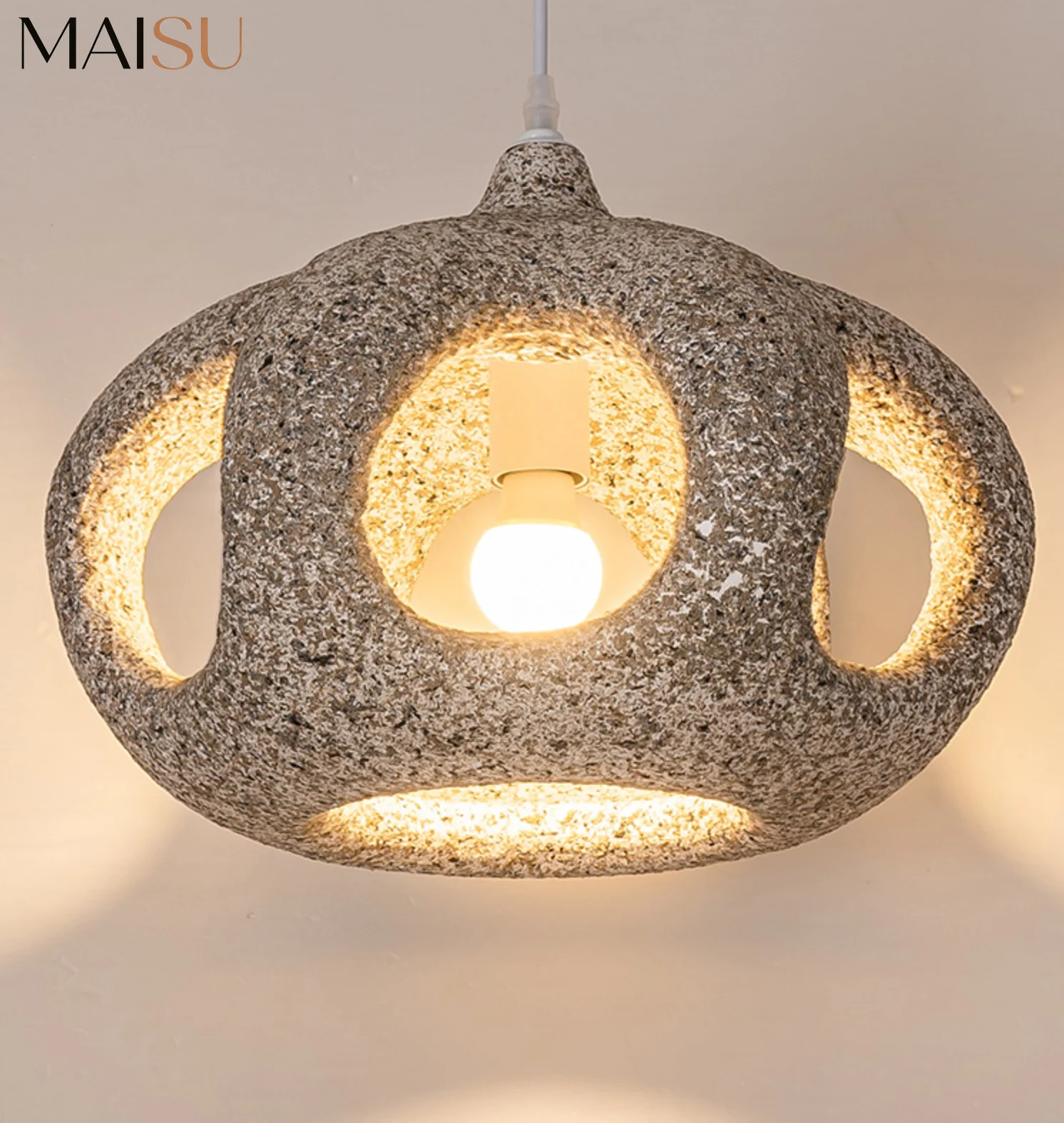Lámpara Colgante Hueca de Microcemento Estilo Japonés Wabi Sabi para Decoración de Ambiente en Cafeterías, Restaurantes y Bares