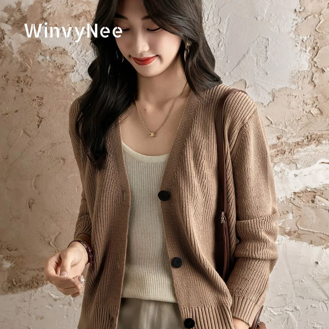 

Женский хлопковый однотонный кардиган WinvyNee с глубоким V-образным вырезом, длинными рукавами, шикарный, для офиса и на каждый день, легкий, свободный, повседневный топ B1092017