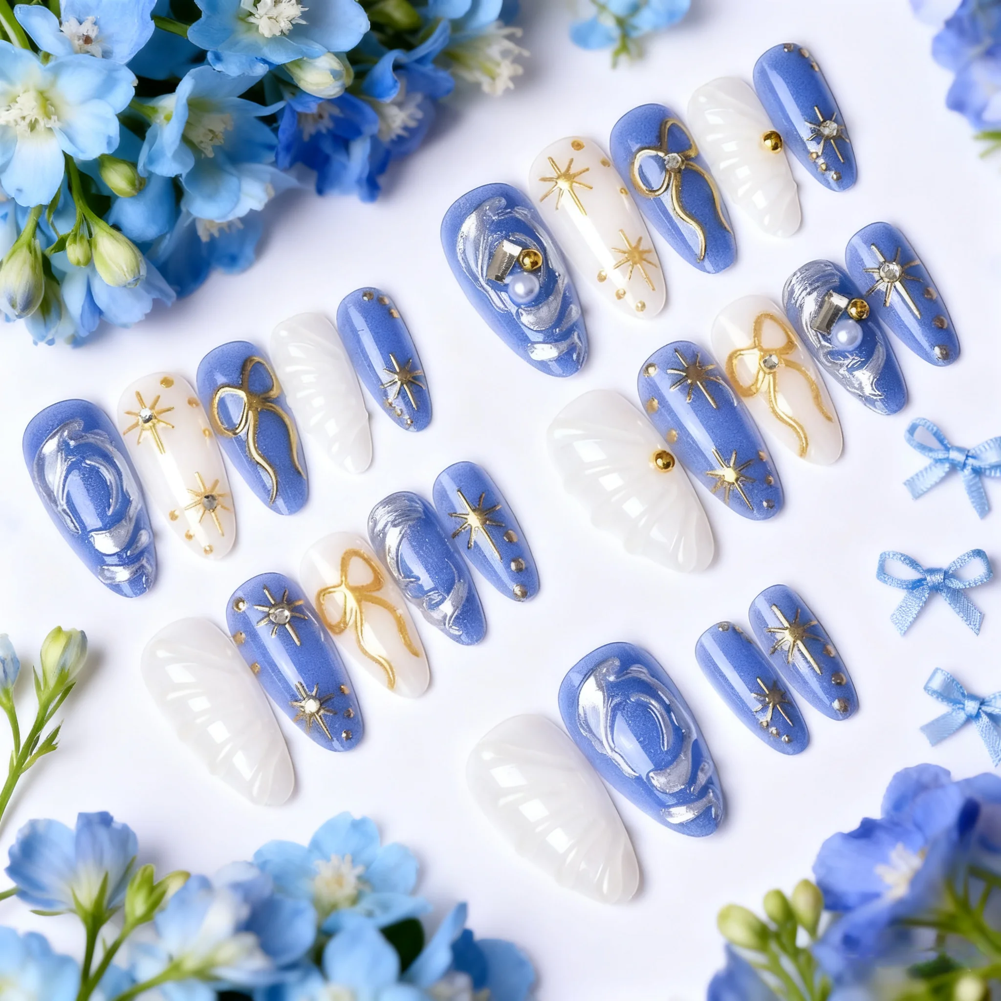 

24 шт., набор ногтей средней длины с синим миндалем, дизайн с бантом и звездами, накладные ногти с жемчугом, носимые накладные ногти, готовый маникюр