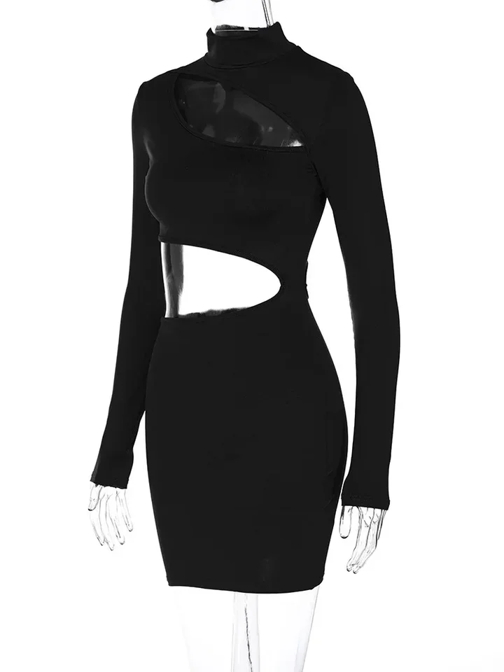 Women's Spring Autumn Bodycon Mini Dress Sexy Cut Out Long Sleeve Mock Neck Slim Fitted Tight Dress Y2K Night Club Party Dress