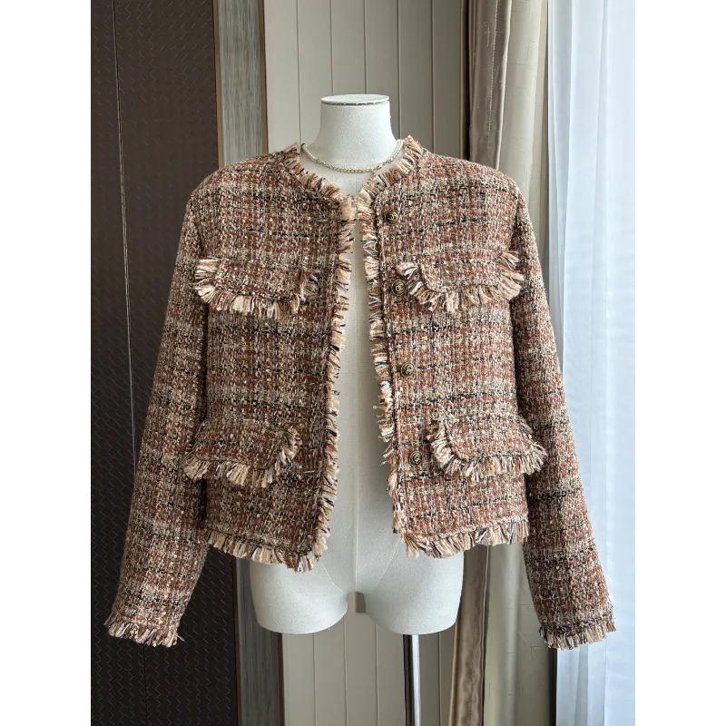Small Fragrant Down Liner Warm Autumn Winter Short Coat Women Round Neck Long Sleeve Tassel Loose Tweed French Lady Coat