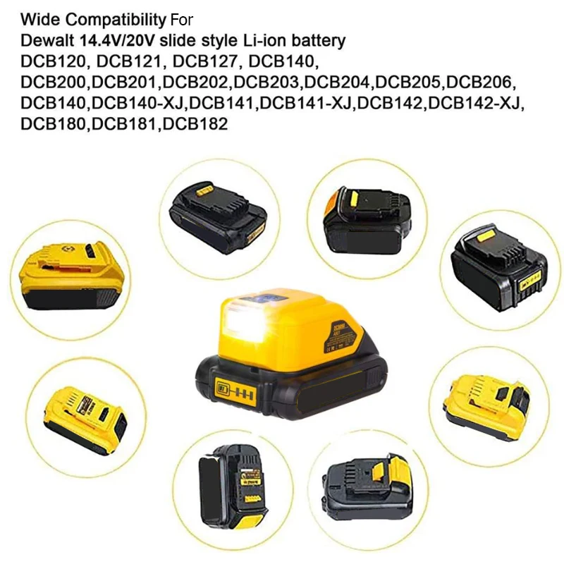 New Replacement DCB090 Power Source For Dewalt 18V 20V Battery Adapter with USB Type-C Power Bank 3W LED Work Light Converter