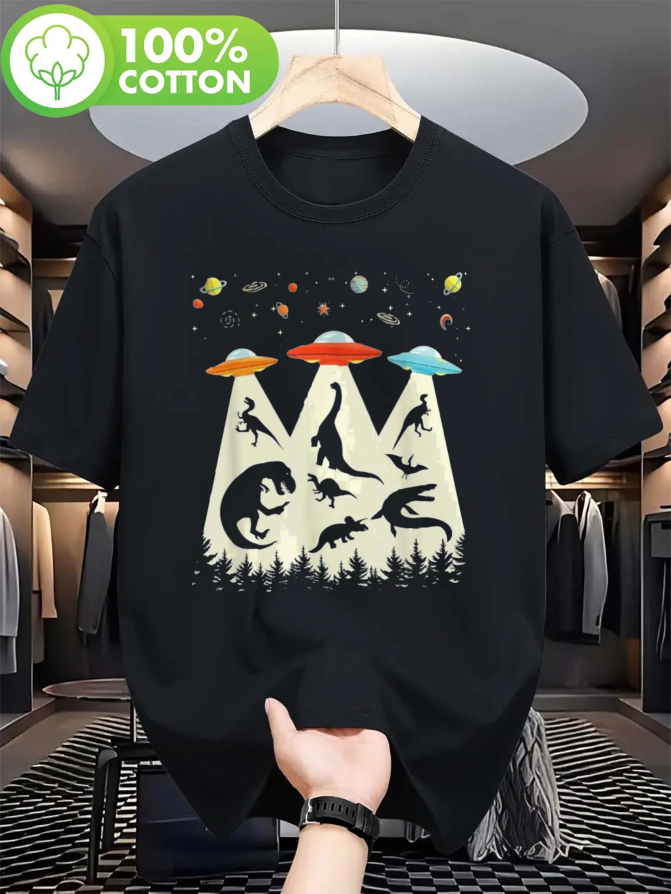 Dinosaur UFO Abduction Graphic Tee Men's Cotton Short Sleeve Crew Neck Casual Trip Shirt