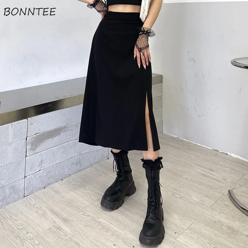 Skirts Woman Casual Solid Side-Slit Fashion Chic All-match Sweet Mid-calf Summer High Waist Korean Style Asymmetrical Simple New