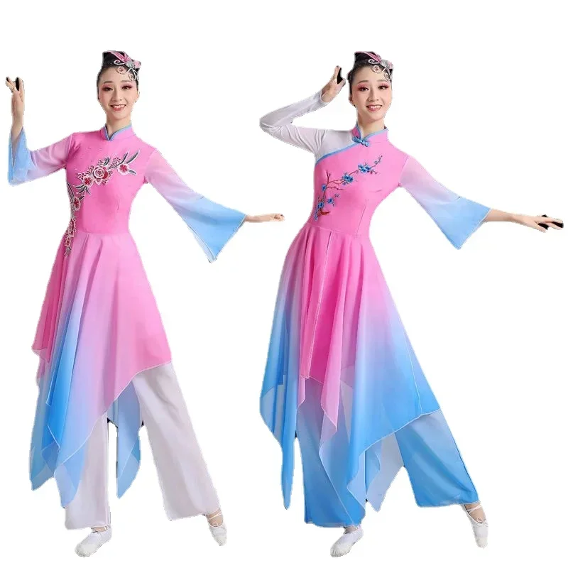 Klasyczne stroje ludowe do tańca, przebrania wróżek, damskie kostiumy do tańca Yangko, wachlarze, parasole, kostiumy do tańca Hanfu, starożytne stroje sceniczne do Yangko