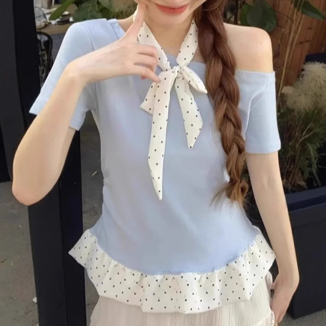 

2025 Summer Ruffled Hem with Sweet Polka Dot T-shirt for Women