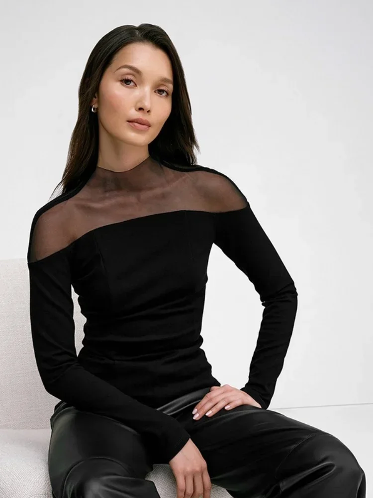 

Long Sleeve Crop Top Turtleneck Camisetas Slim Fit Tshirt Black T Shirts For Women Y2k Clothes Mesh Patchwork Ropa De Mujer