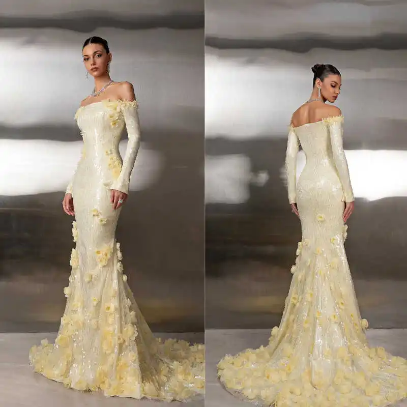 فساتين سهرة مذهلة بحورية البحر مطرزة بدون أكتاف سويب تراين فساتين حفلات زهور ثلاثية الأبعاد لحفلات المشاهير حسب الطلب