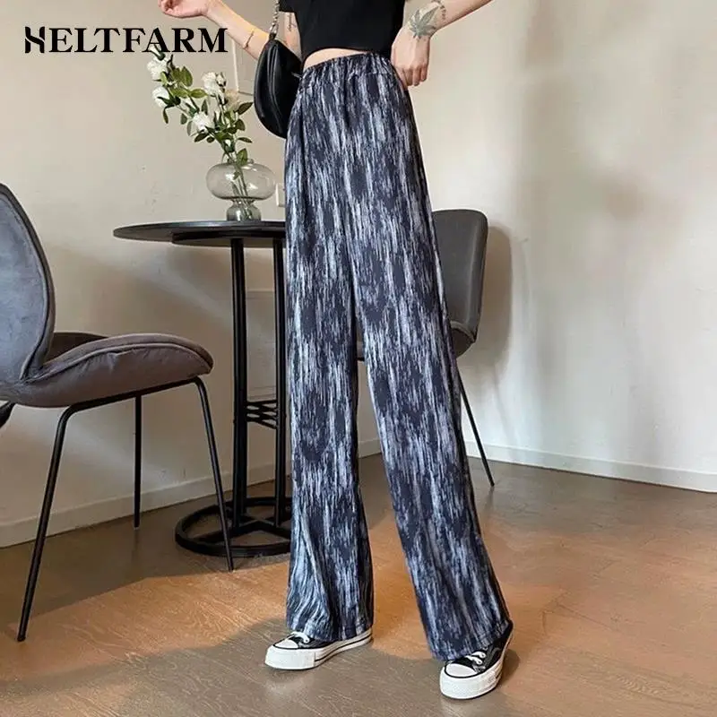 

Pleated Wide Leg Trousers Female Summer High Waist Dye Tie Leopard Gradient Loose Thin Ankle Pant Y2k Korean Fashion Bottom