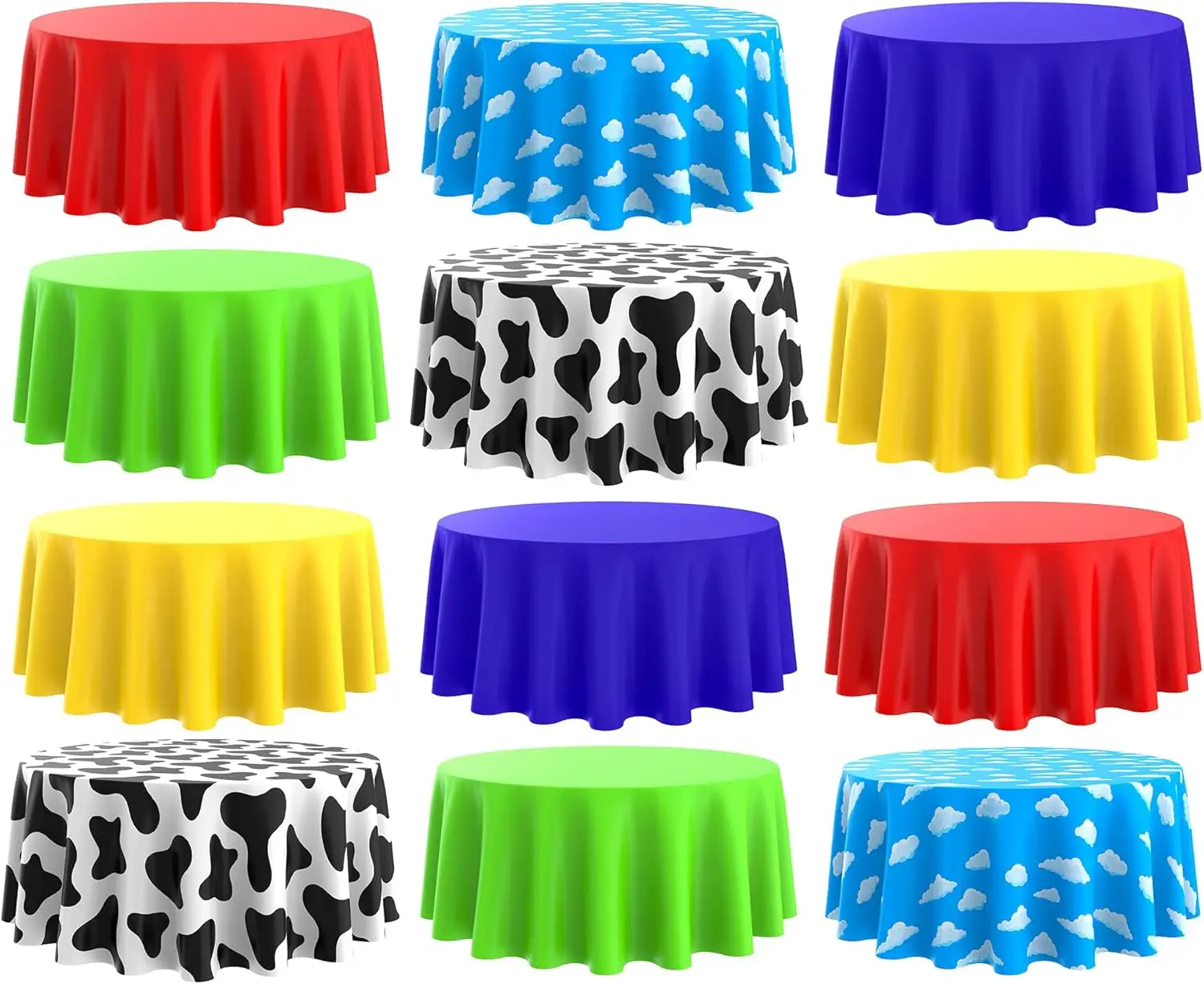 

12 Pcs Cartoon Tablecloth Round 84 Inch and White Cloud Tablecloth Plastic Disposable Cow Table Cover