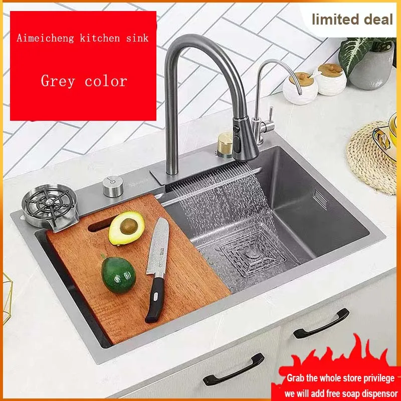 

2023 newest Grey nano 304 stainless steel sink kitchen vegetable wash basin household sink large single sink