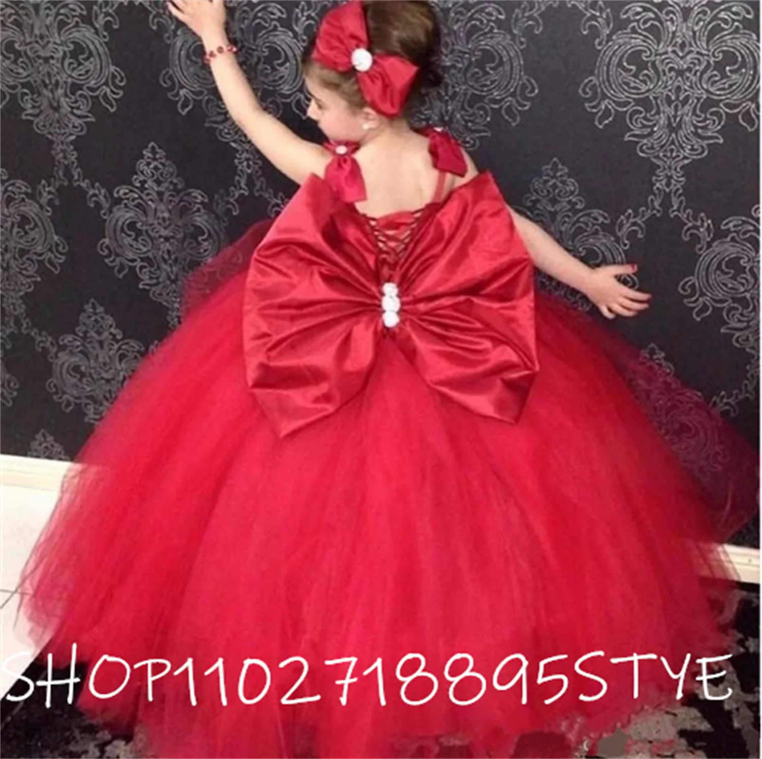 

New Red Girls Bitthday Party Gowns with Big Bow Tulle Flower Girl Dress For Wedding Vestido Kids Clothes