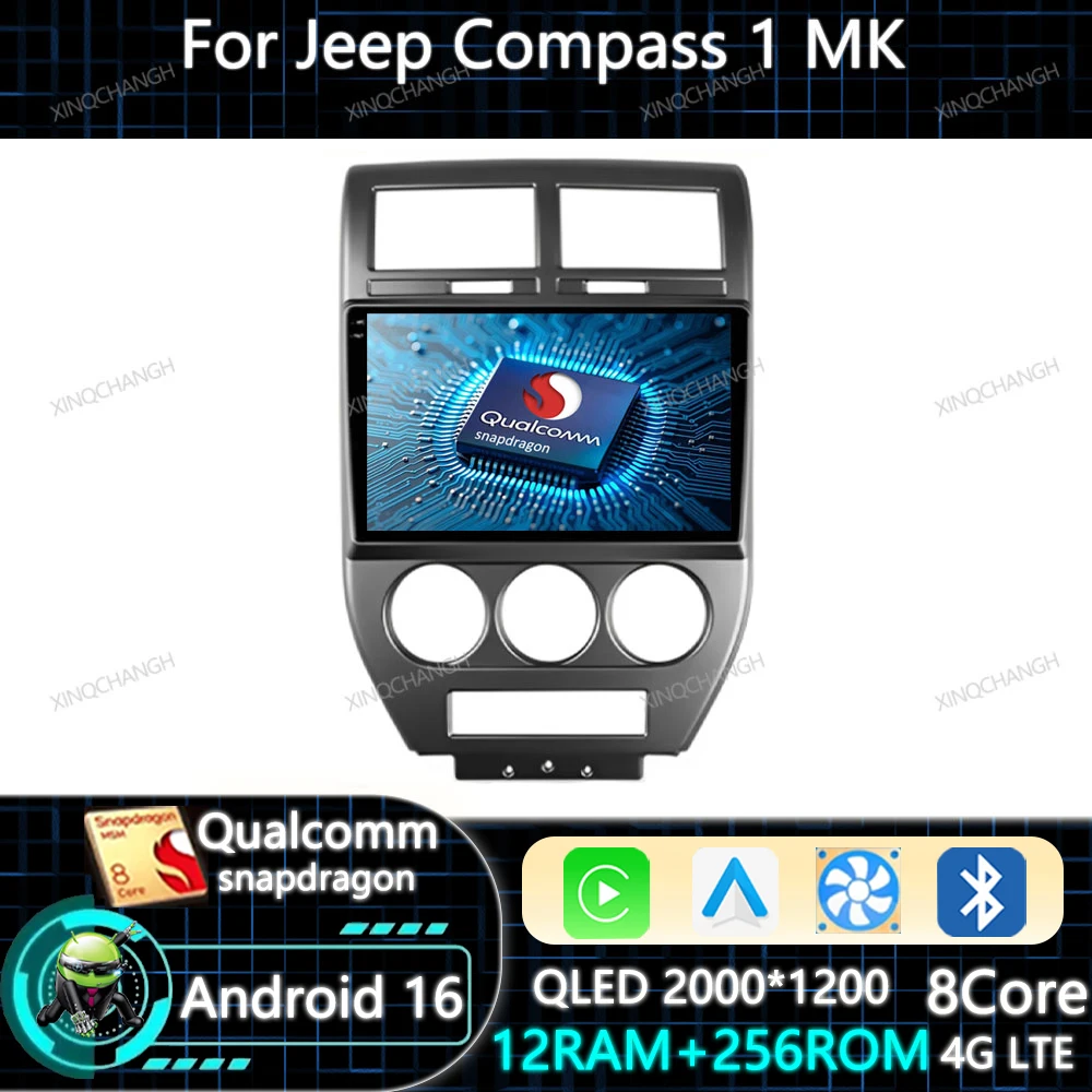 Android 16 Car Radio Carplay Auto For Dodge Caliber Jeep Compass 1 MK Patriot 2006 - 2010 QLED BT GPS Qualcomm Head Unit 4G WIFI
